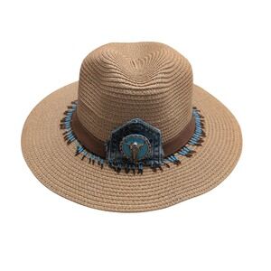 Western Straw Sun Hat Tan Turquoise‎ Beaded Bull Skull Concho Boho Cowgirl